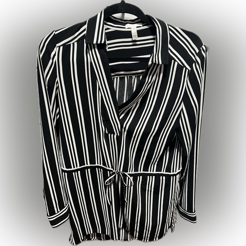 Leith Black Strip Faux Wrap Blouse With Waist Tie M (D1)